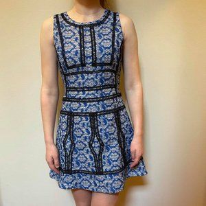 Navy patterned dress with black stitching